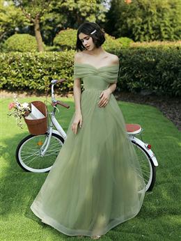 Picture of Green Off Shoulder Tulle Long Party Dresses, Green Bridesmaid Dress Party Dresses